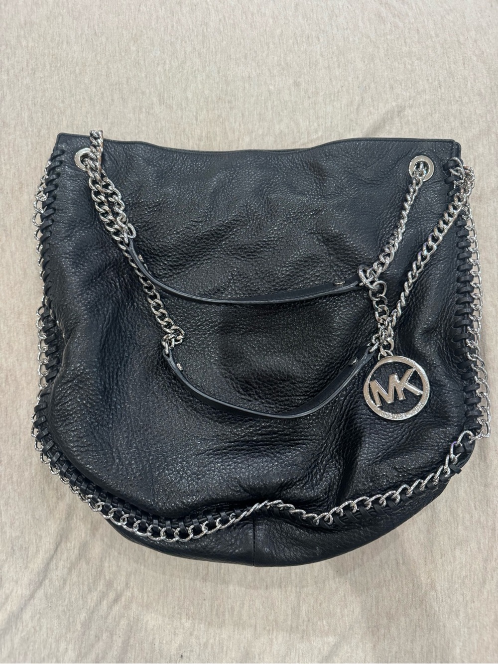 Michael Kors Black Leather Shoulder Bag with Silver Chain Trim and MK Charm